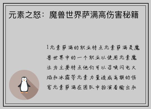 元素之怒：魔兽世界萨满高伤害秘籍